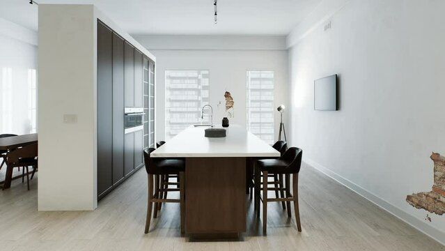 Kitchen minimalism. Wooden kitchen with large long island and bar stools. 
