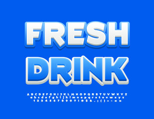 Vector bright poster Fresh Drinks. Blue Glowing Font. Creative Alphabet Letters and Numbers set