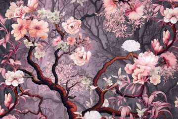 Floral floral pattern, with trees on a handpainted background. AI generative