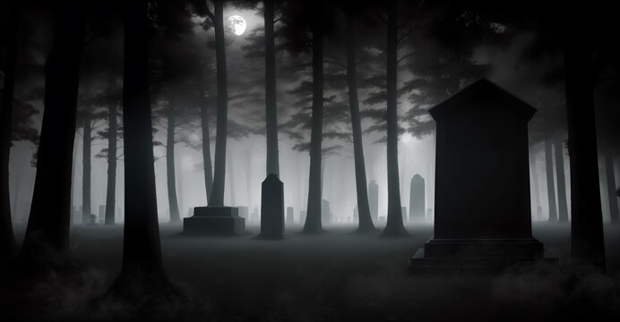 An old cemetery in a fog in a dark forest. Generative AI