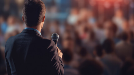 Closeup Focus on a Man Facing a Crowd Preparing for a Public Speaking Event / Business Conference. With Licensed Generative AI Technology Assistance.