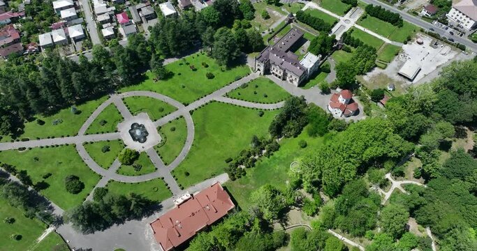 Aerial view of Dadiani Palace in the center of Zugdidi city. Georgia