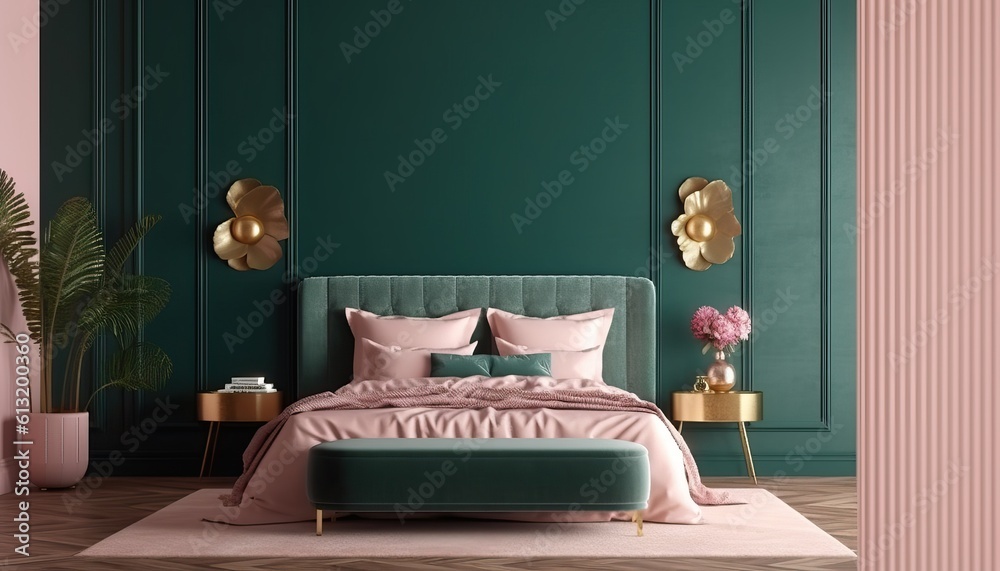 Wall mural Bedroom interior.Art deco style.Design with green pink and gold color.3d rendering