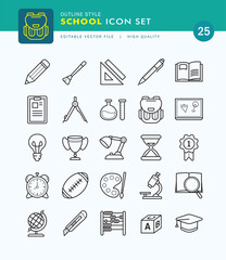 Set of School Icon Outline Style. Pen, Book, Ball, Science.