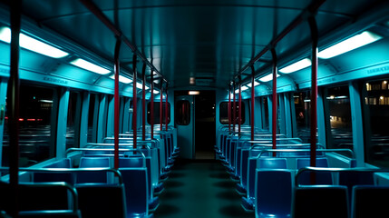 Fototapeta premium Empty interior of public transport at night, generative AI.
