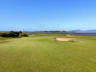 An incredible view of a golf hole in Scotland with the ocean in the background in Inverness, in the highlands of Scotland during spring with the gorse bush in full yellow bloom and beside the ocean