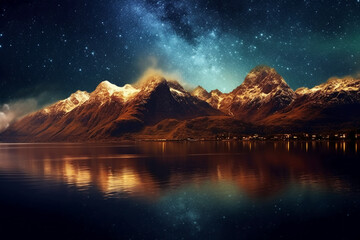 Golden fantasy starry sky at night, towering mountains, clear sparkling lake surface. AI generative