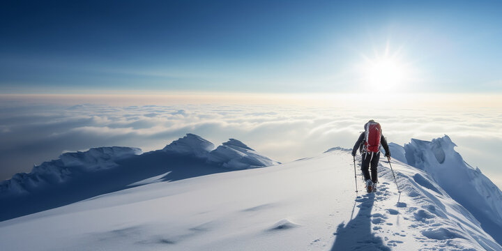 Climber on his way to the top of a mountain - theme goal, perseverance, struggle and own way - Generative AI