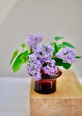 Lilac in a vase on the block of wood.