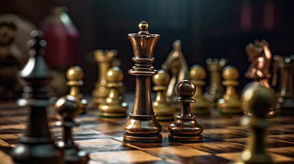 Illustration of a wooden chessboard for World Chess Day. Dark background, with a short focal length.