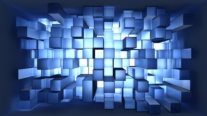 Abstract white and blue background. Bulk cubic crystals. Site template. 3d