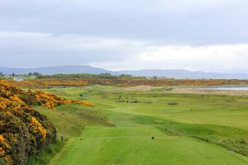 An incredible view of a golf hole in Scotland with the ocean in the background in Dornoch, in the...