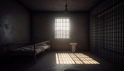 Prison cell with rays of light from the window.3d rendering - obrazy, fototapety, plakaty