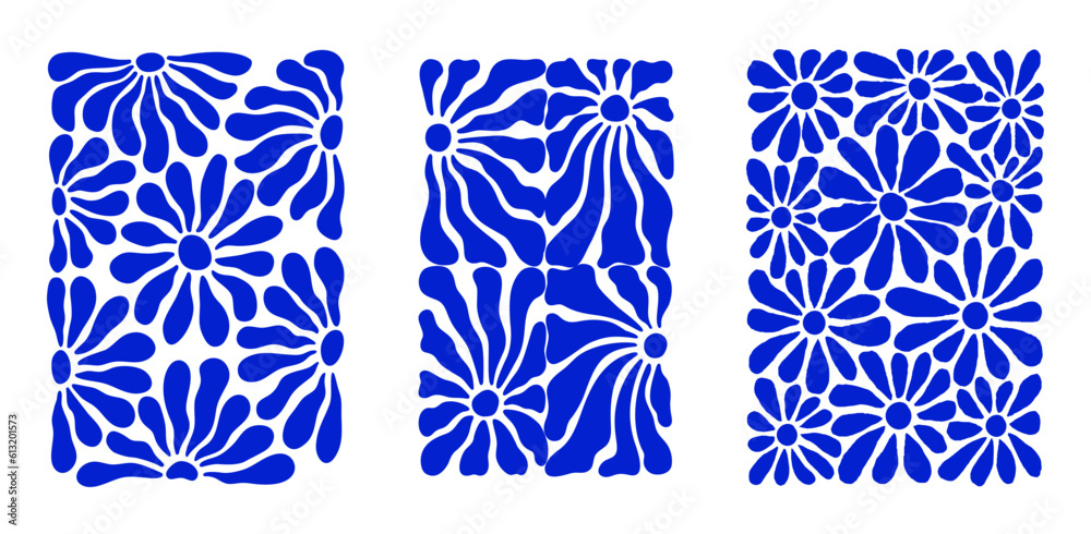 Poster abstract nature pattern with bloom daisy flowers in matisse art style. decorative set of groovy flor