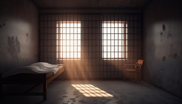Prison cell with rays of light from the window.3d rendering