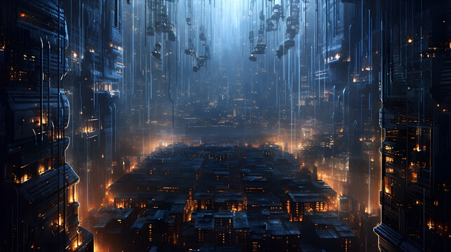 An encrypted digital fortress protecting sensitive data, illuminated by a grid of pulsating neon lights, amidst a sprawling metropolis. Generative ai.