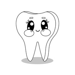 Cute outline snow white cartoon characters tooth. Isolated outline for coloring book. Happy kawaii teeth characters for childrens and babies