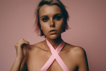 Woman holding up a pink ribbon. Generative ai