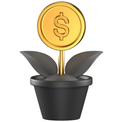 3d icon of a black pot and plant with golden dollar coin as the flower