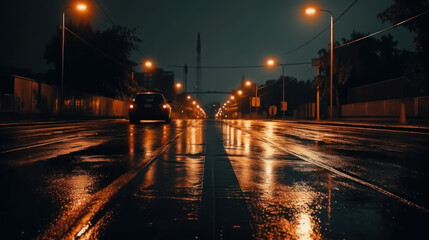Urban Thrills: Car Headlights on a Midnight Road with Metal Fences. Generative AI.