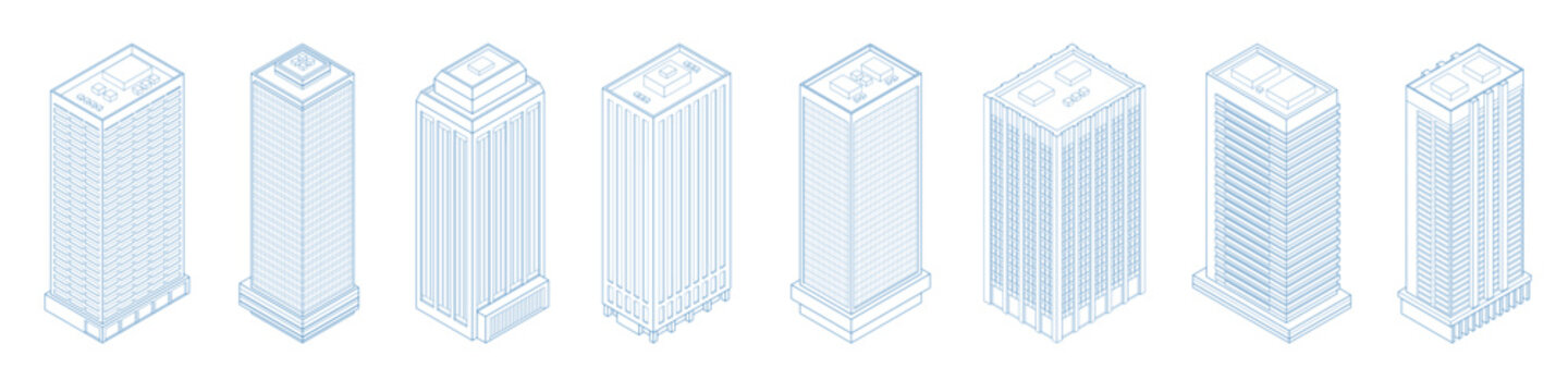 Isometric modern skyscraper outline, skyscrapers, apartment, office, houses