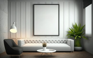 boho living room interior with blank frame mockup on beige wall background