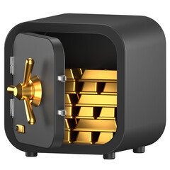3d icon of a open black safe with stacks of gold bars inside - obrazy, fototapety, plakaty