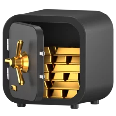 Foto op Canvas 3d icon of a open black safe with stacks of gold bars inside © Design Squad
