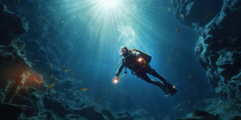 Naklejka na ściany i meble In the Depths: Captivating Underwater Exploration with Scuba Diver - Generative AI