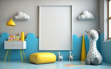 Empty picture frame mockup on a wall with kids trendy interior