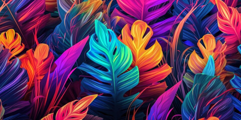 Fototapeta na wymiar Summer Delight: Vibrant Tropical Leaves Arranged in Creative Fluorescent Color Layout. Generative AI.