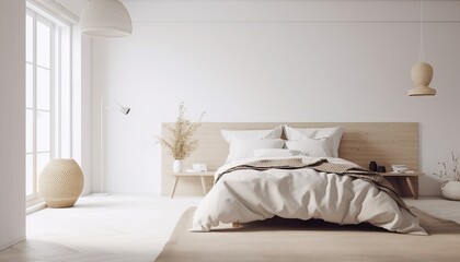 White bedroom interior.Earth tones design. 3d rendering