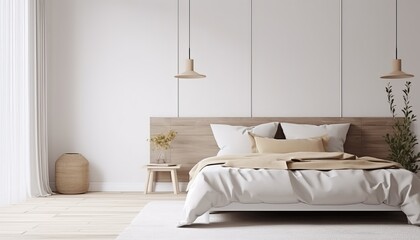 White bedroom interior.Earth tones design. 3d rendering - obrazy, fototapety, plakaty
