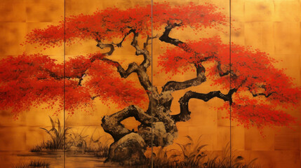 Serene Autumn: Vintage Japanese Painting of Maple Tree. Generative AI.