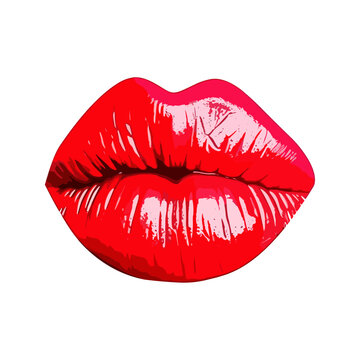 Glossy colored and sexy red lips. Vector illustration isolated on white background. Hot kiss sticker lips with red lipstick