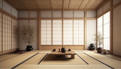 Traditional japanese tea room interior with tatami mats. 3d rendering - obrazy, fototapety, plakaty