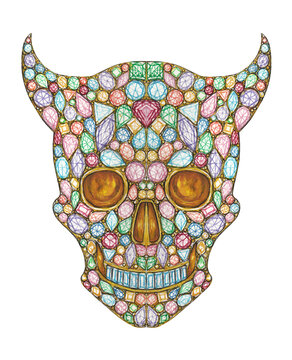 Jewelry design fancy sapphires devil skull hand drawing and painting on paper.