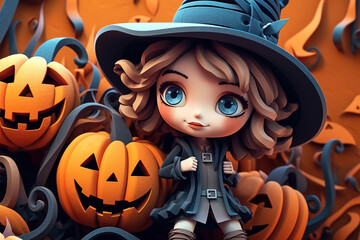 Cute girl child witch in hat and halloween pumpkin, autumn traditional holiday. Texture illustration Generative AI