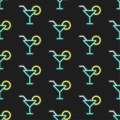 Alcohol cocktail in martini glass vector seamless pattern. Color neon elements on black background. Best for bar decoration, wallpapers, wrapping paper, package and web design.