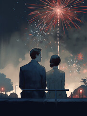 Illustration of a couple watching the fireworks on the 4th of July during the US Independence Day. Young couple from behind, American patriotism