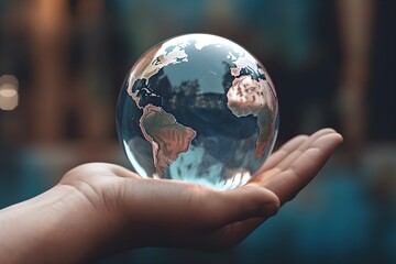 glass earth globe in hand, concept of protecting environment, generative ai generated