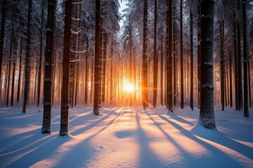 Sunset in the winter forest. Beautiful winter landscape with snow covered trees, Generative AI