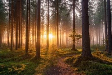 Obraz premium Misty morning in the forest. Sun rays through the trees, Generative AI