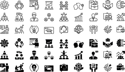 Set of 27 icons related to training, coaching, mentoring, education, meeting, conference, teamwork. Collection in two different styles - obrazy, fototapety, plakaty