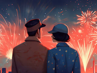 Illustration of a couple watching the fireworks on the 4th of July during the US Independence Day. Young couple from behind, American patriotism