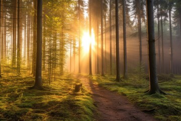 Misty morning in the forest. Sun rays through the trees, Generative AI