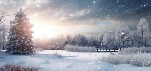 Beautiful winter landscape with snow covered trees, Generative AI