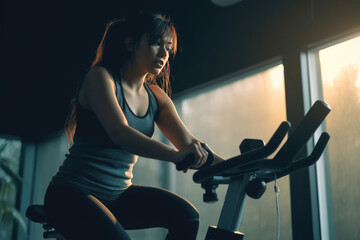 Obraz na płótnie Canvas Woman on exercise bike. Generative AI