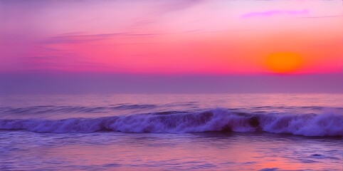Obraz premium Un tramonto sul mare: Rappresenta un tramonto con sfumature di rosa, arancio e viola sul mare. Aggiungi onde che si infrangono sulla riva