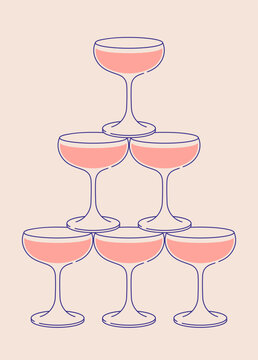 Cocktail Glasses Pyramid. Sparkling Wine, Cocktail Tower Postcard For Web And Print. Party Invitation With Glass Tower Line Art Vector Illustration.